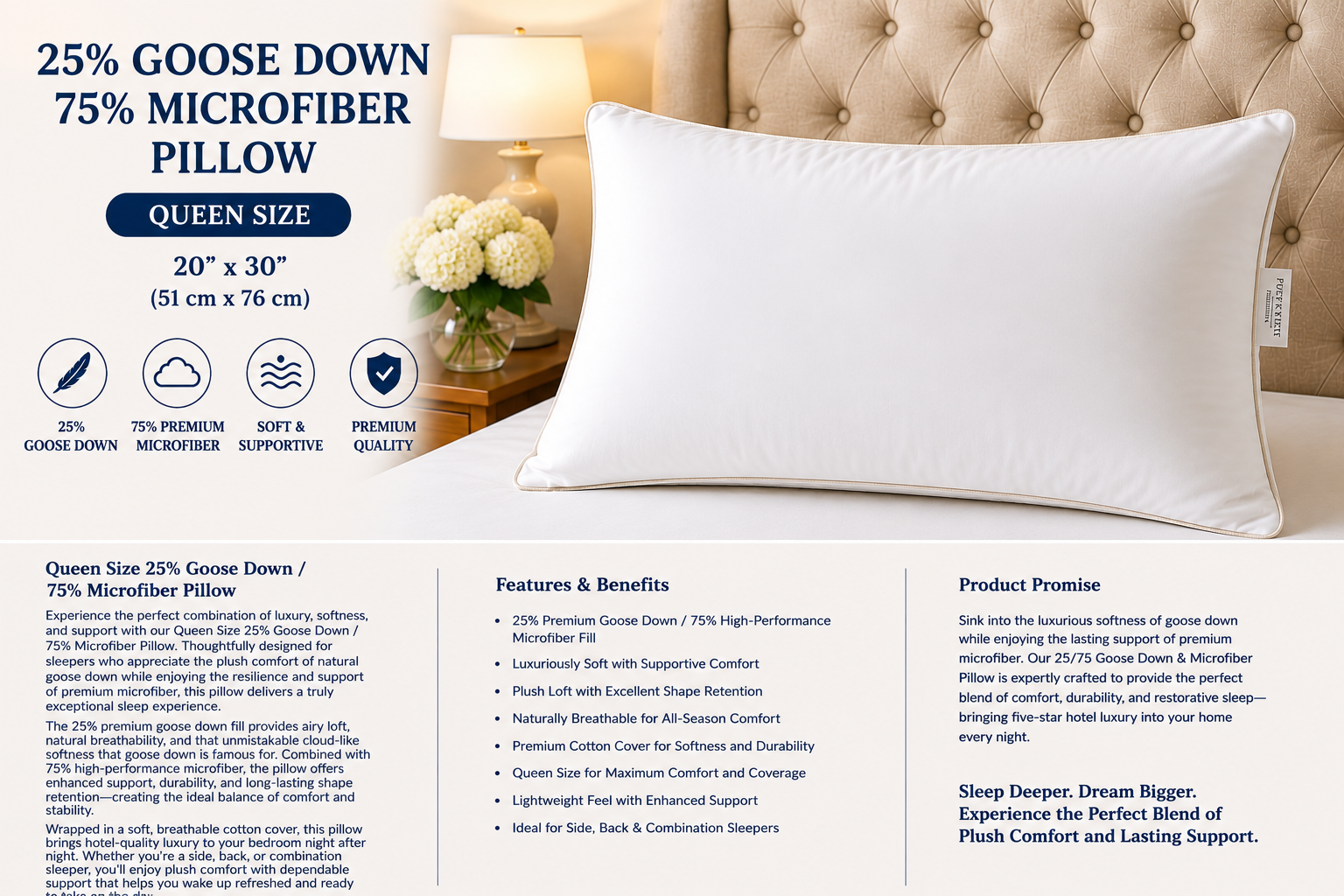 Queen Size 25% Goose Down Pillows