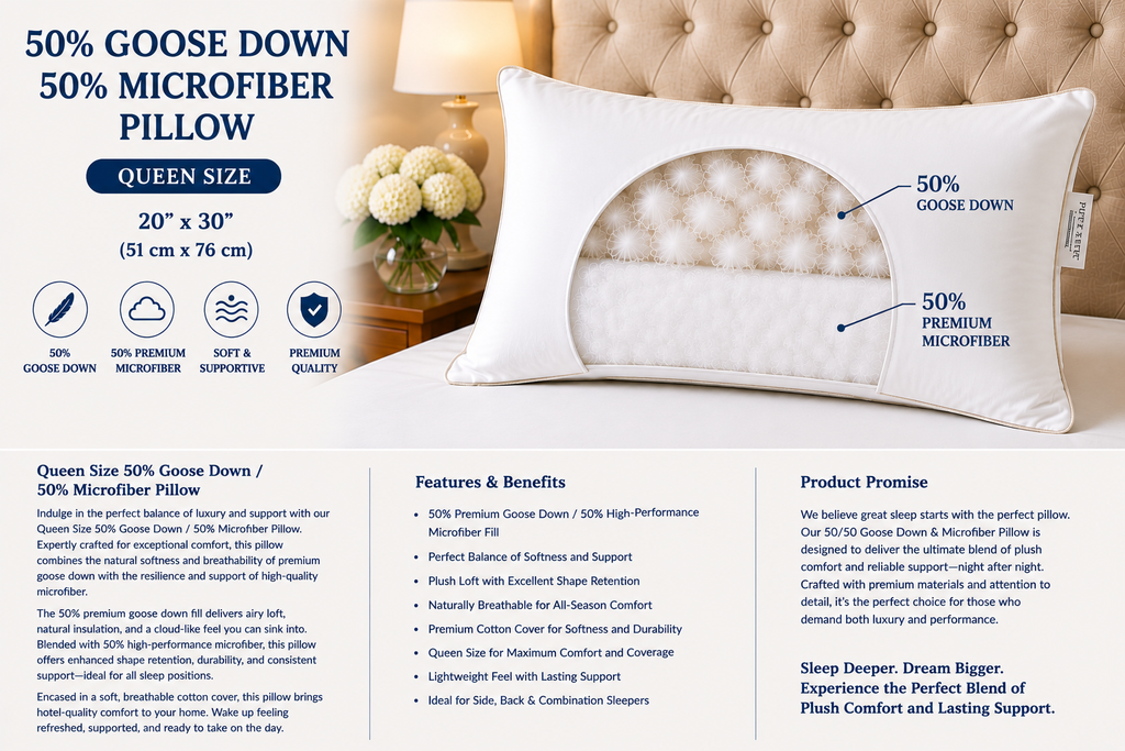 Luxury 50% Goose Down Queen Pillow