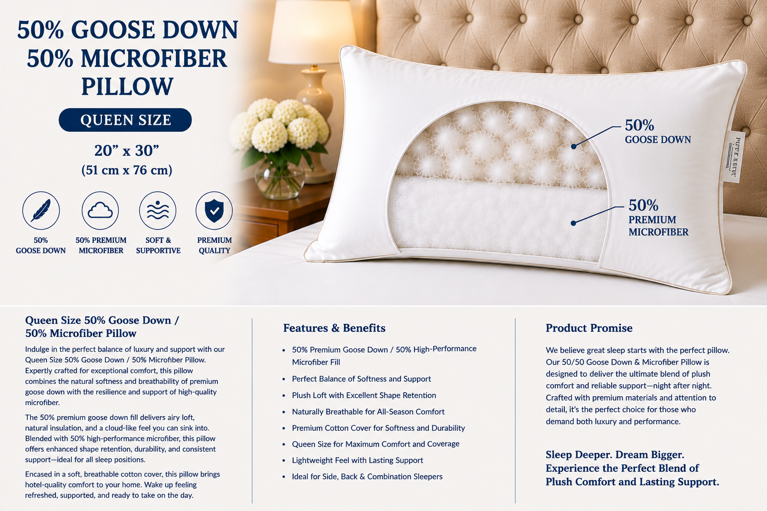 Queen Size 50% Goose Down Pillows
