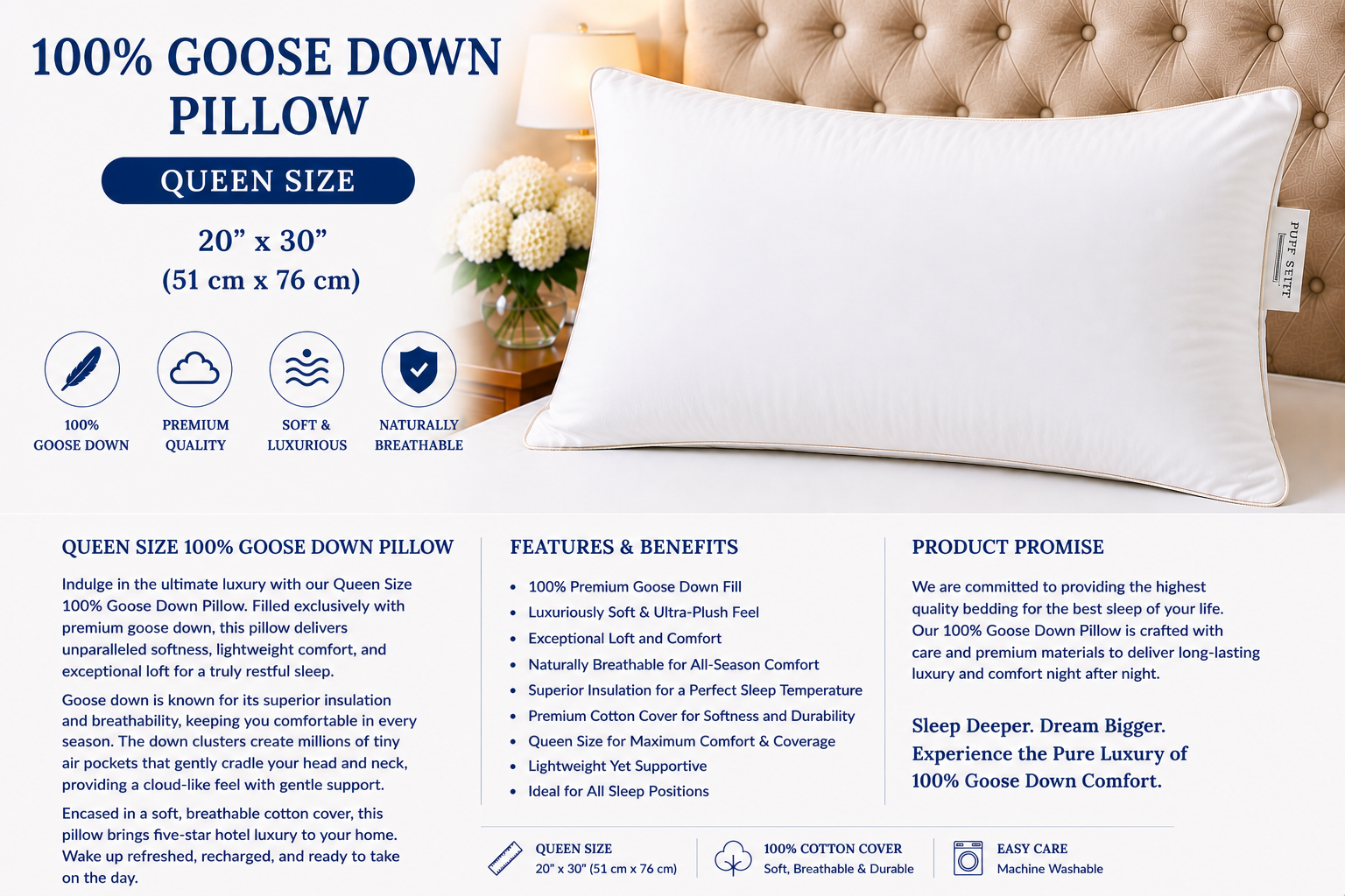 Queen Size 100% Goose Down Pillows