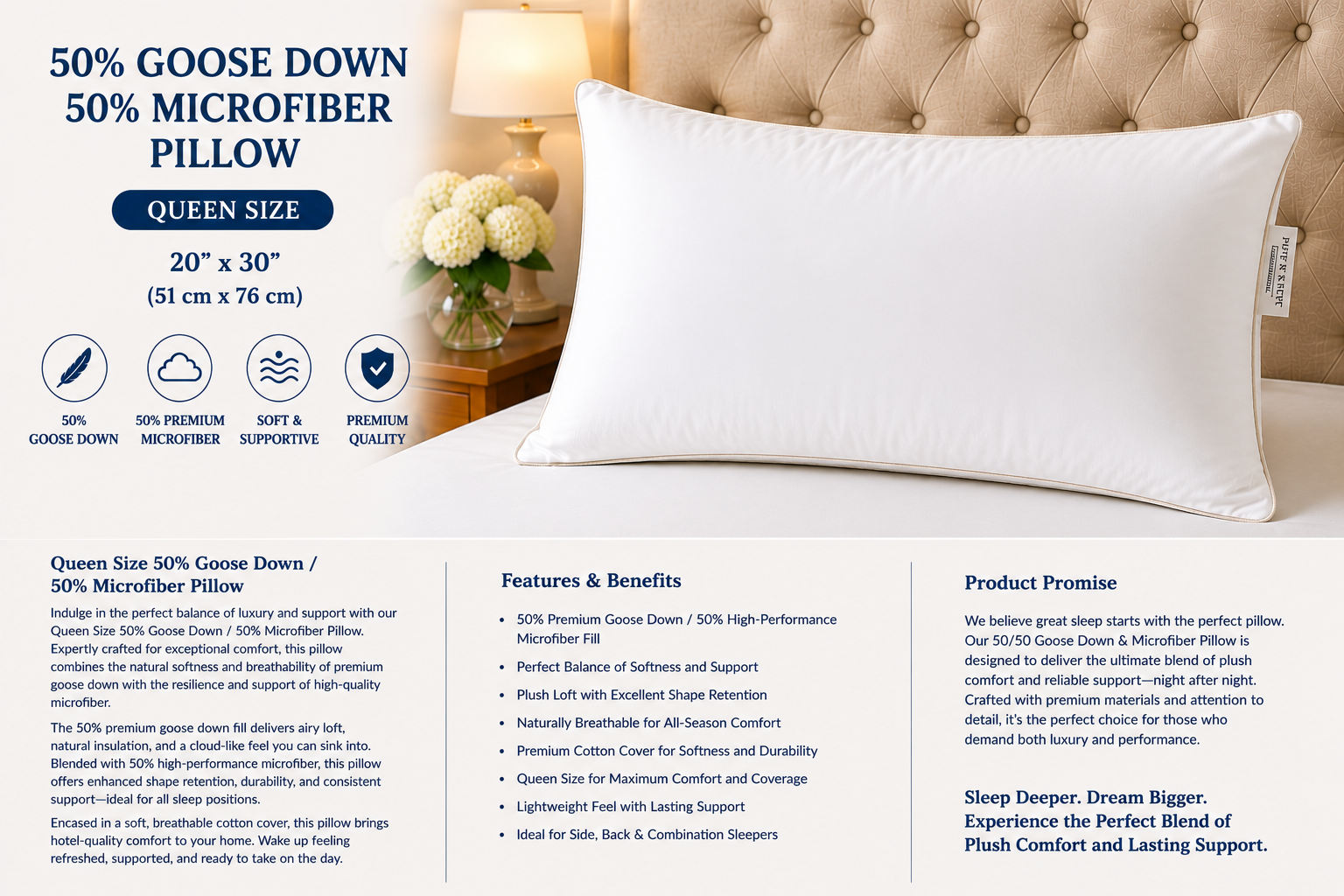 Queen Size 50% Goose Down Pillows