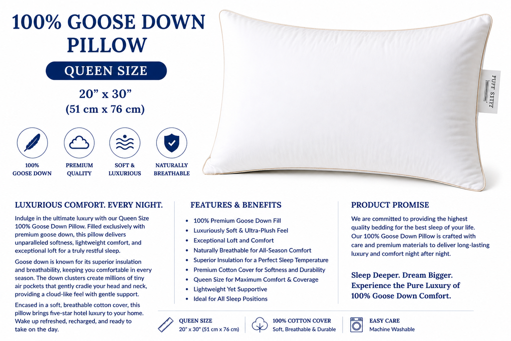 Luxury 100% Goose Down Queen Pillow