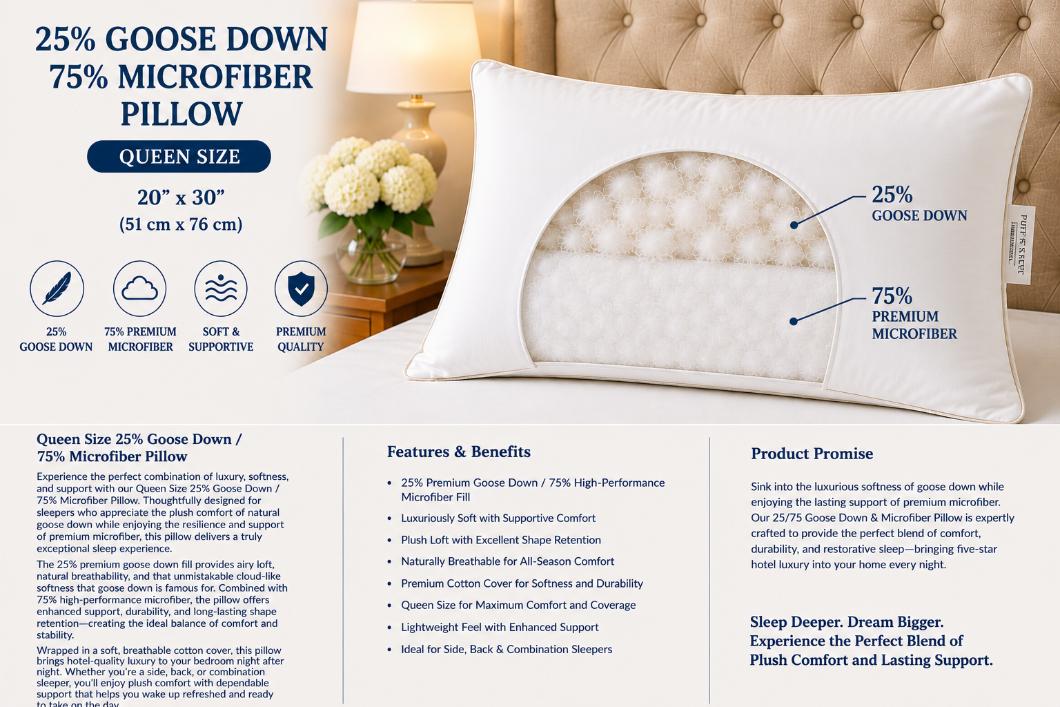 Queen Size 25% Goose Down Pillows
