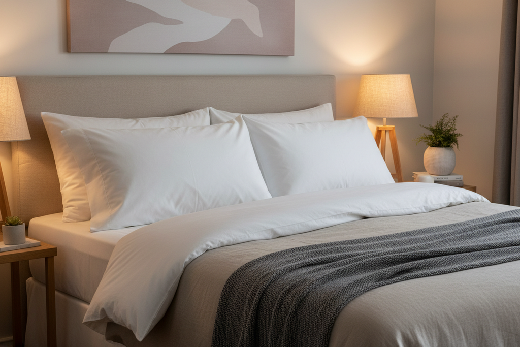 Two luxury goose down blend queen pillows on a bed with neutral linen
