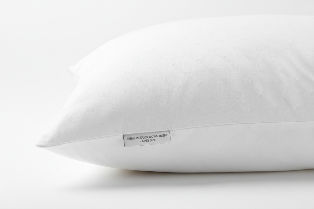 Close-up of soft duck down microfiber king pillow with white cotton cover