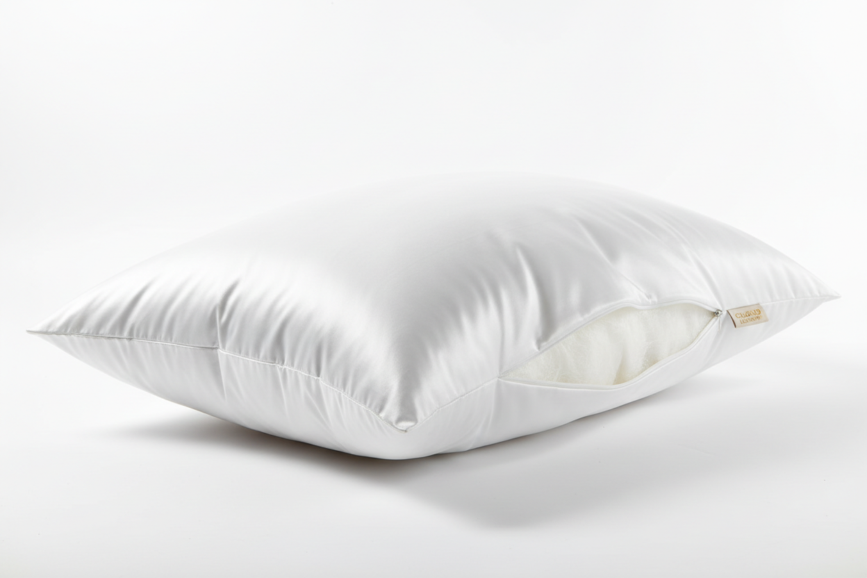 Close-up of plush angel hair fiber queen pillow with silky white cotton cover