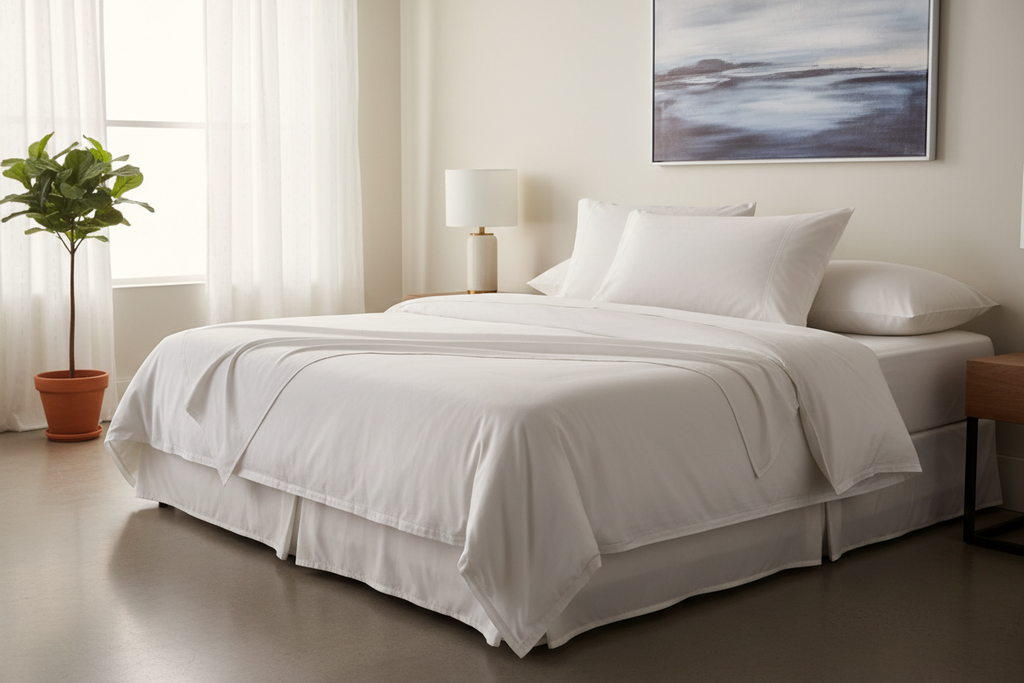 Duck down microfiber blend king pillow on a neatly made king bed