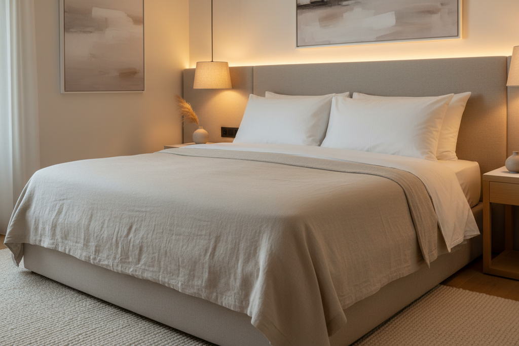 Pair of luxury angel hair fiber queen pillows on neutral linen bedding