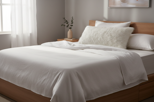 Luxury angel hair fiber queen pillow on a beautifully made bed with white linen