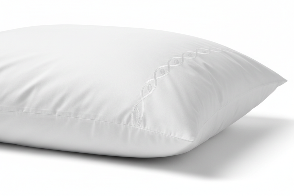 Close-up of soft goose down microfiber king pillow with white cotton cover