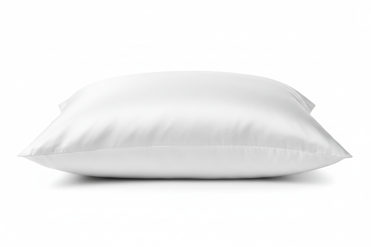 Close-up of plush angel hair fiber king pillow with silky white cotton cover