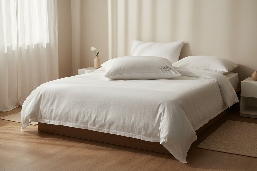 Luxury 100% duck down queen pillow on a beautifully made bed with white linen