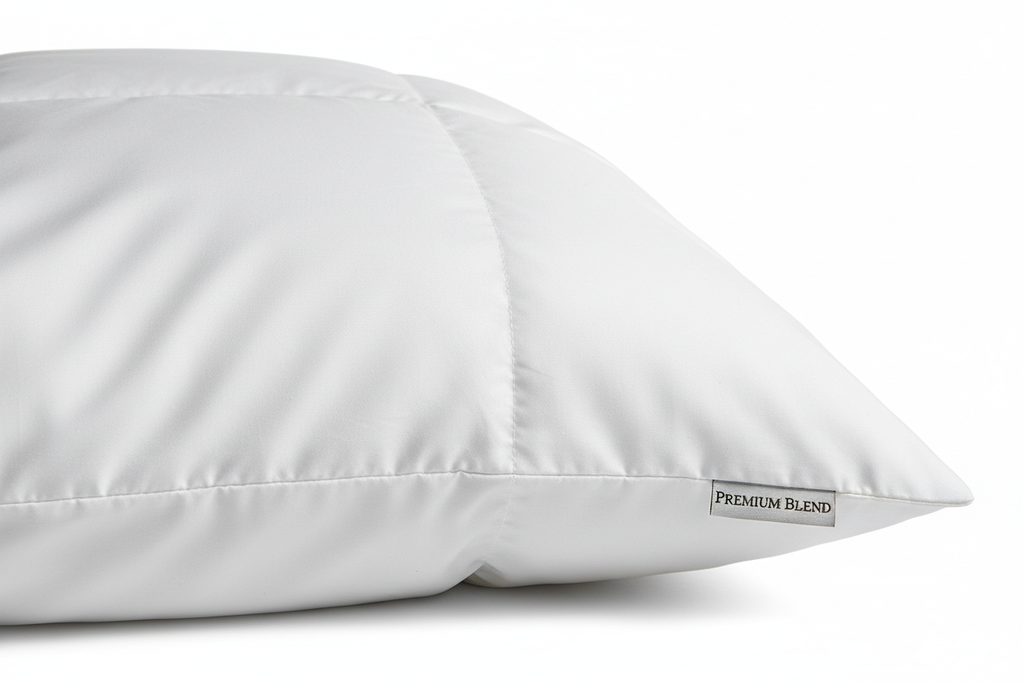 Close-up of soft duck down microfiber queen pillow with white cotton cover