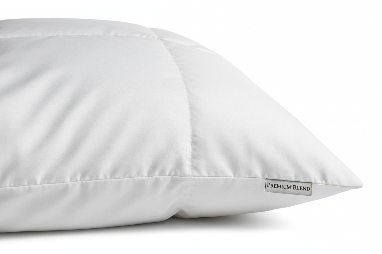 Close-up of soft duck down microfiber queen pillow with white cotton cover