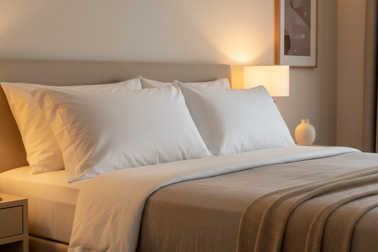 Pair of luxury angel hair fiber king pillows on neutral linen bedding