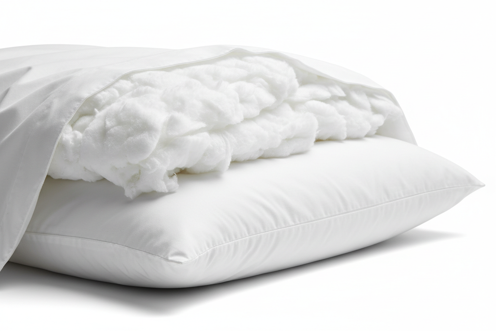 Close-up of fluffy 100% duck down king pillow with white cotton cover