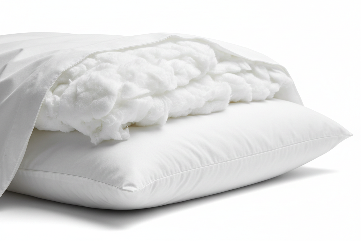 Close-up of fluffy 100% duck down king pillow with white cotton cover