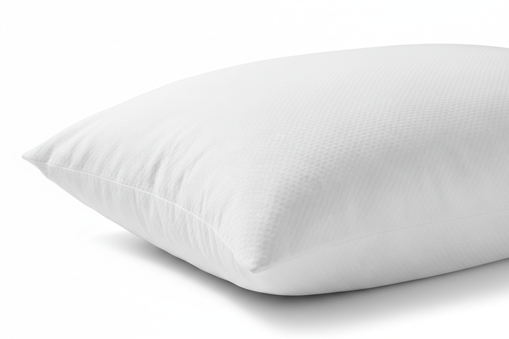 Close-up of plush duck down microfiber king pillow with white cotton cover