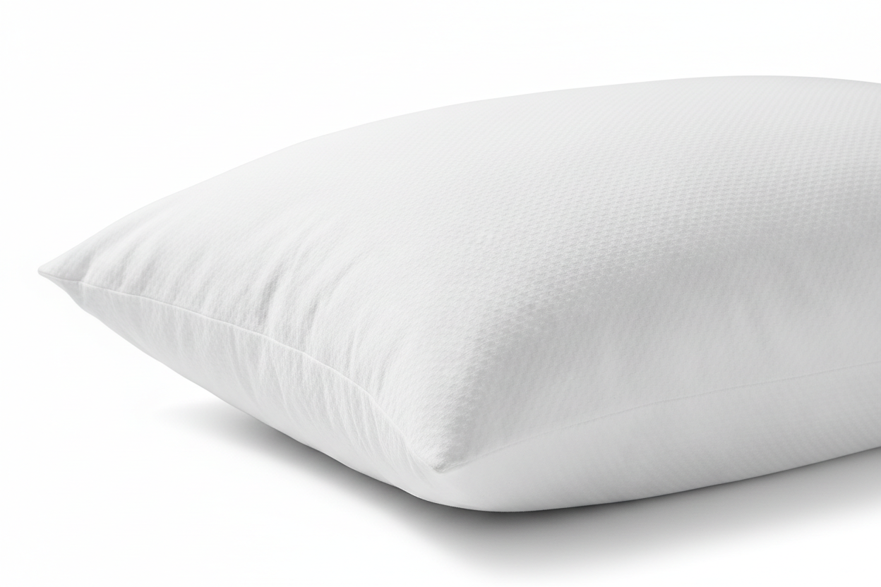 Close-up of plush duck down microfiber king pillow with white cotton cover