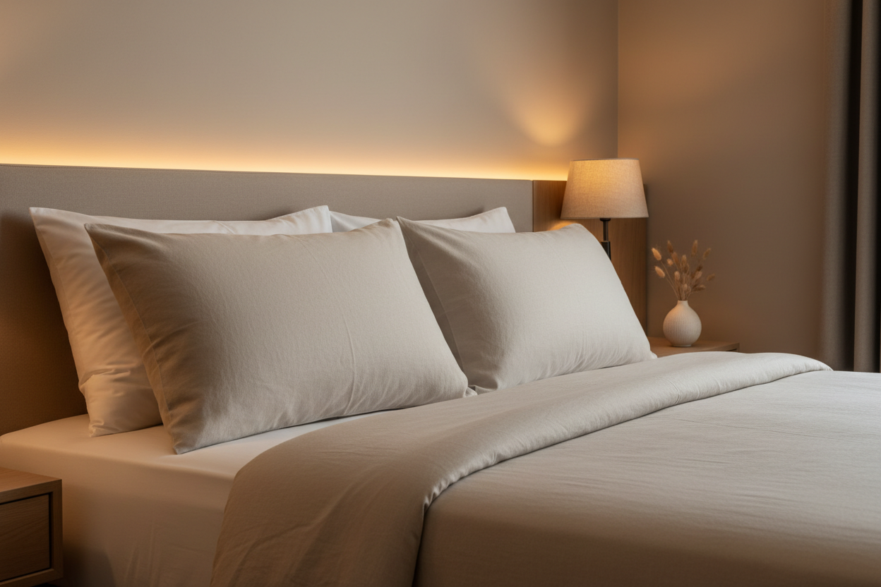 Two soft duck down blend queen pillows on a bed with neutral linen
