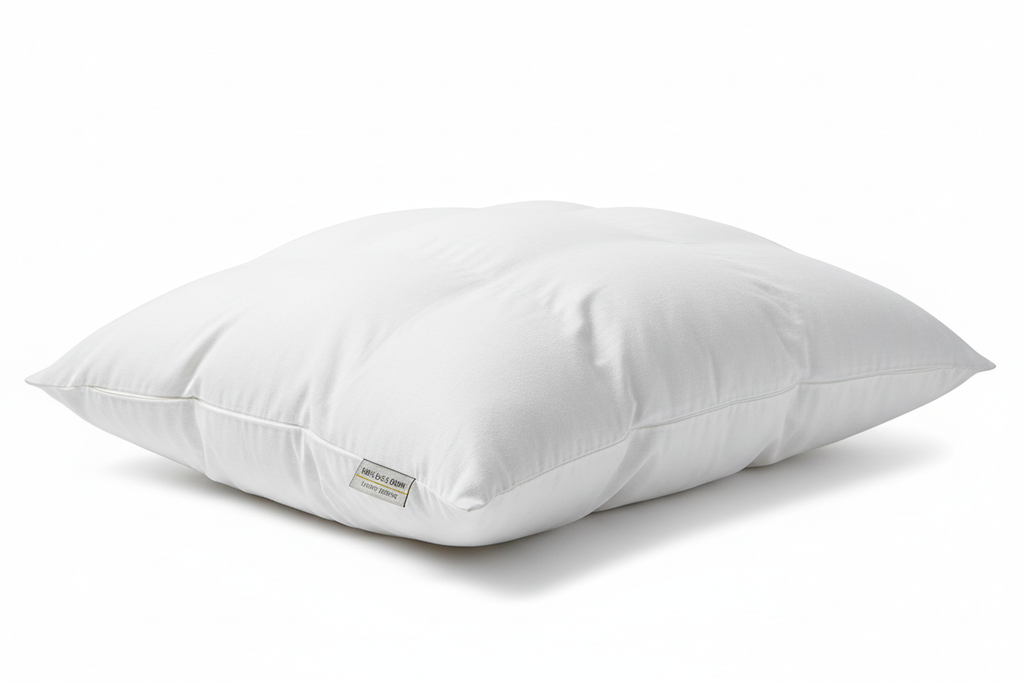 Close-up of fluffy 100% duck down queen pillow with white cotton cover