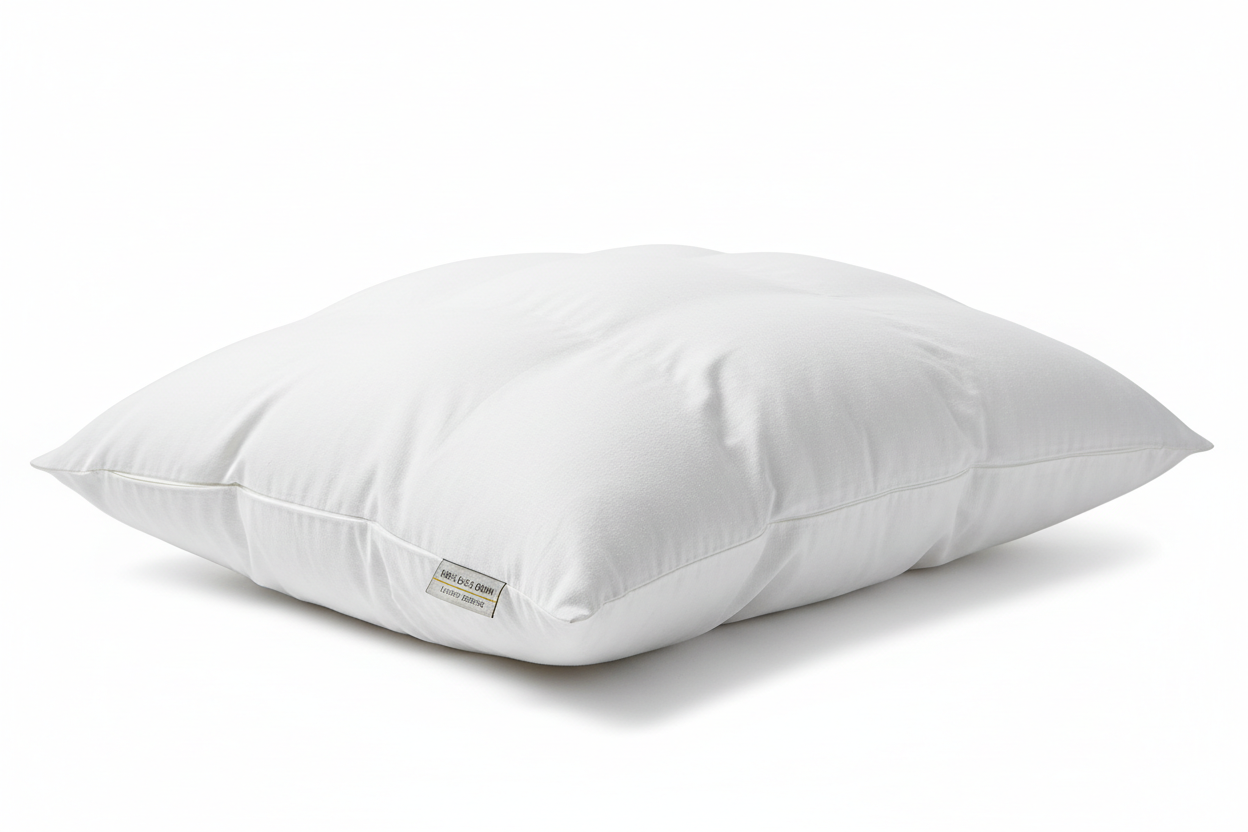 Close-up of fluffy 100% duck down queen pillow with white cotton cover
