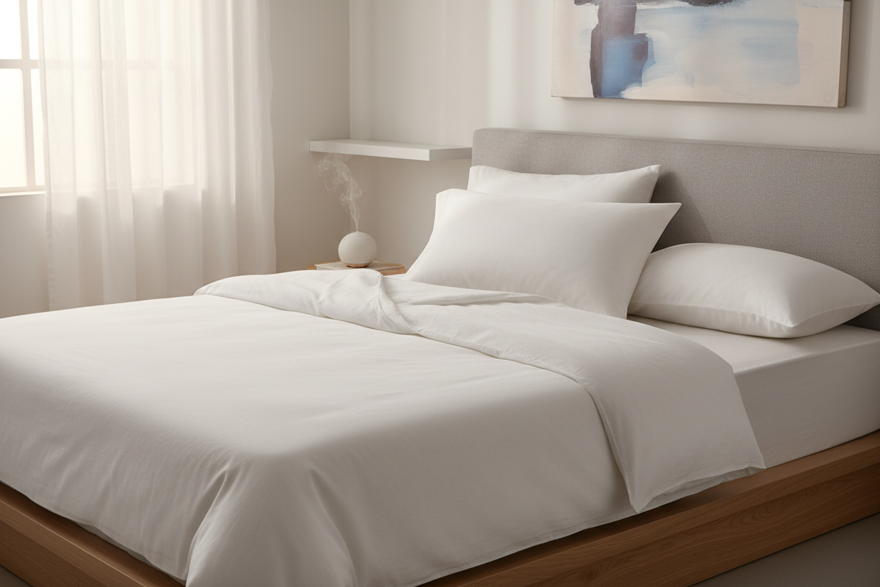 Goose down microfiber blend queen pillow on a neatly made bed