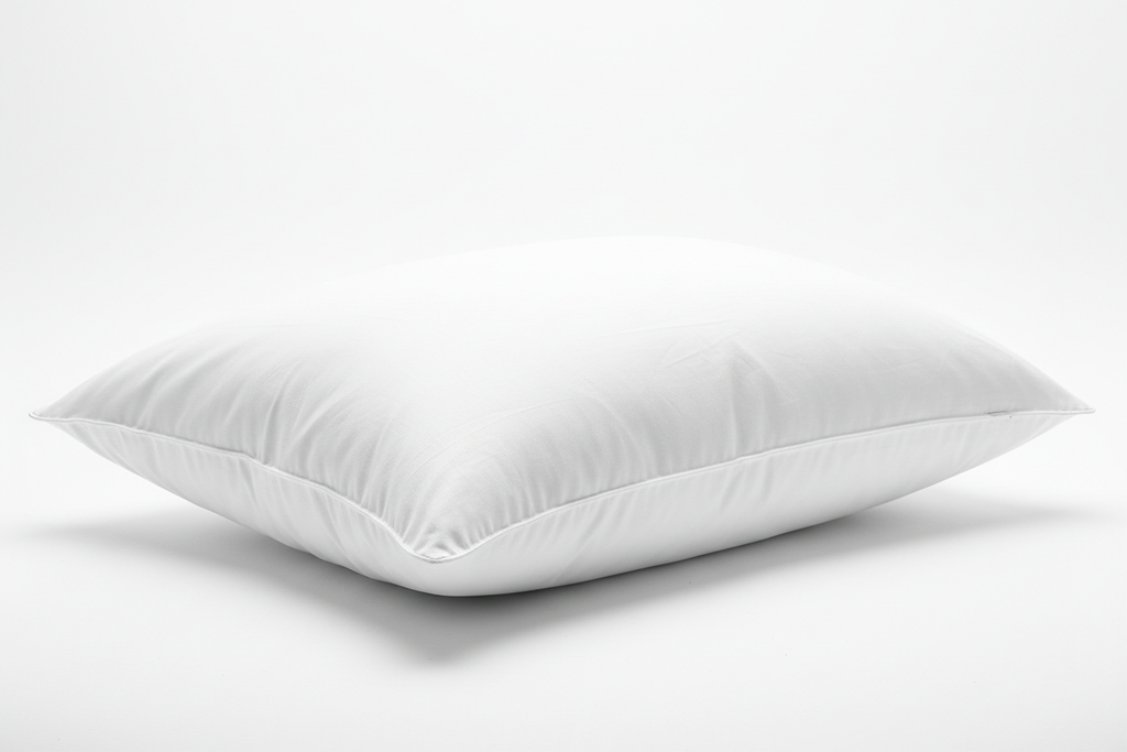 Close-up of soft goose down microfiber queen pillow with white cotton cover