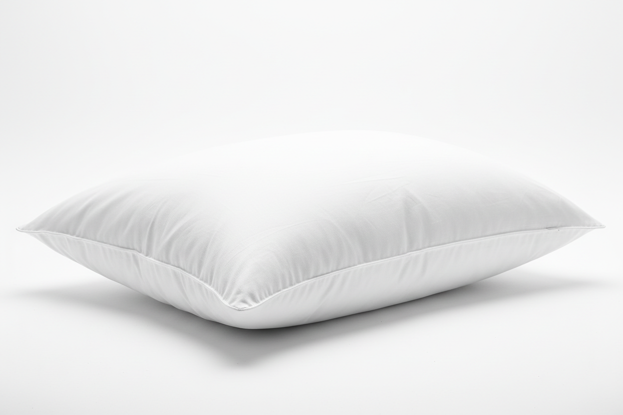 Close-up of soft goose down microfiber queen pillow with white cotton cover