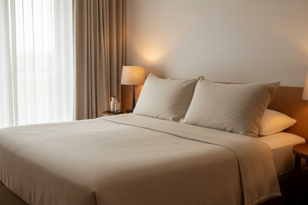Two soft duck down blend king pillows on a king bed with neutral linen