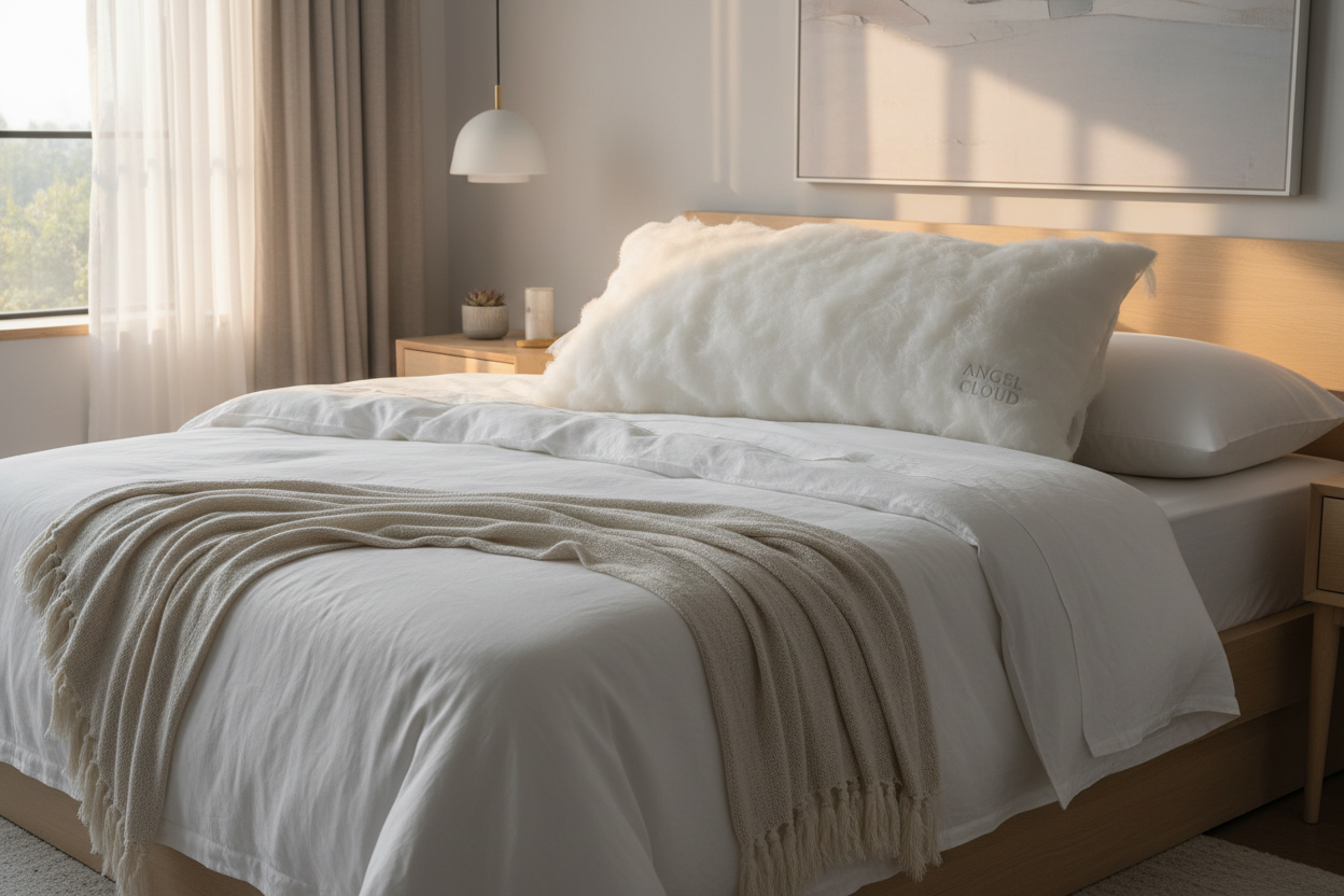 Luxury angel hair fiber king pillow on a beautifully made king bed with white linen