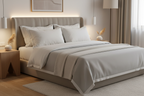 Two luxury goose down blend king pillows on a king bed with neutral linen