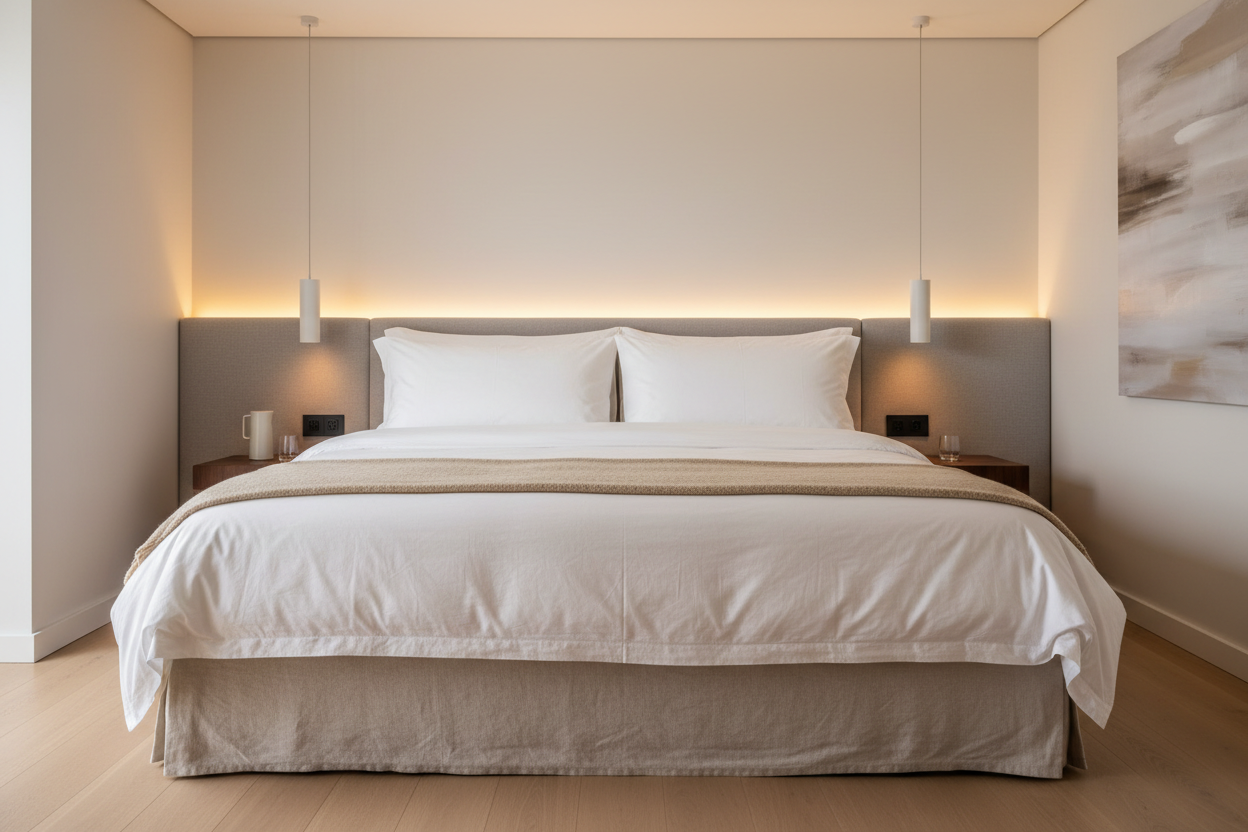 Two luxury duck down blend king pillows on a king bed with neutral linen