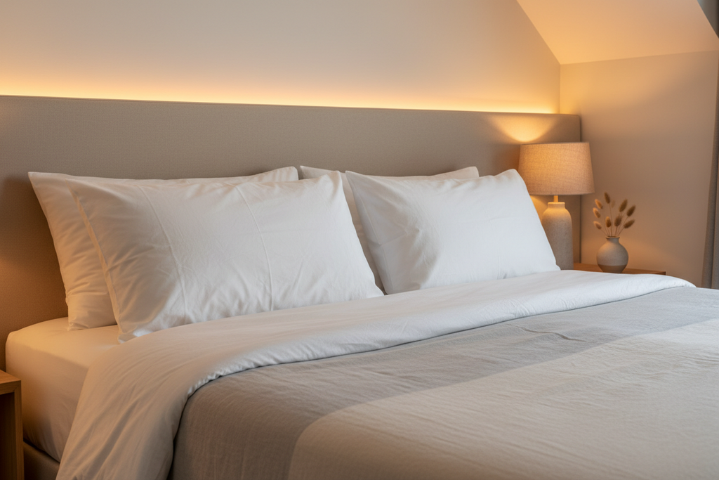 Pair of luxury duck down queen pillows on neutral linen bedding