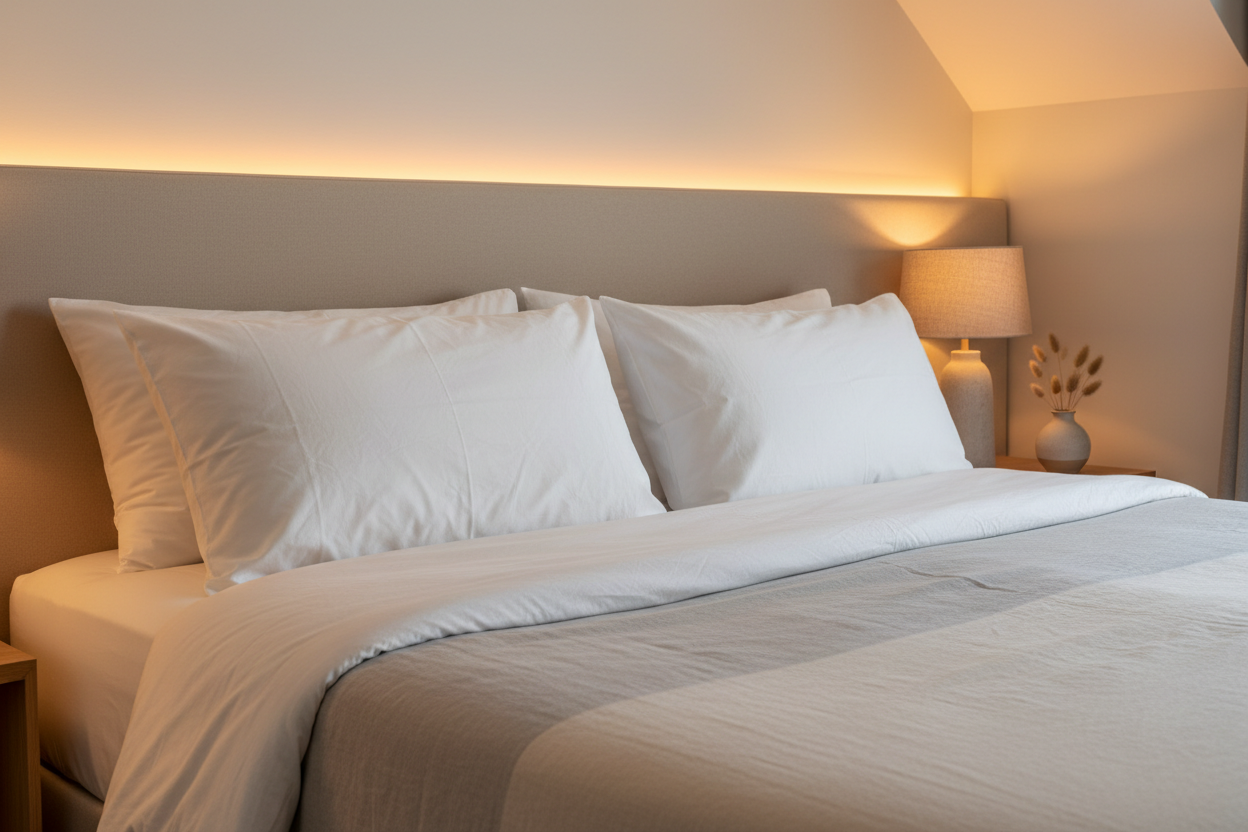 Pair of luxury duck down queen pillows on neutral linen bedding