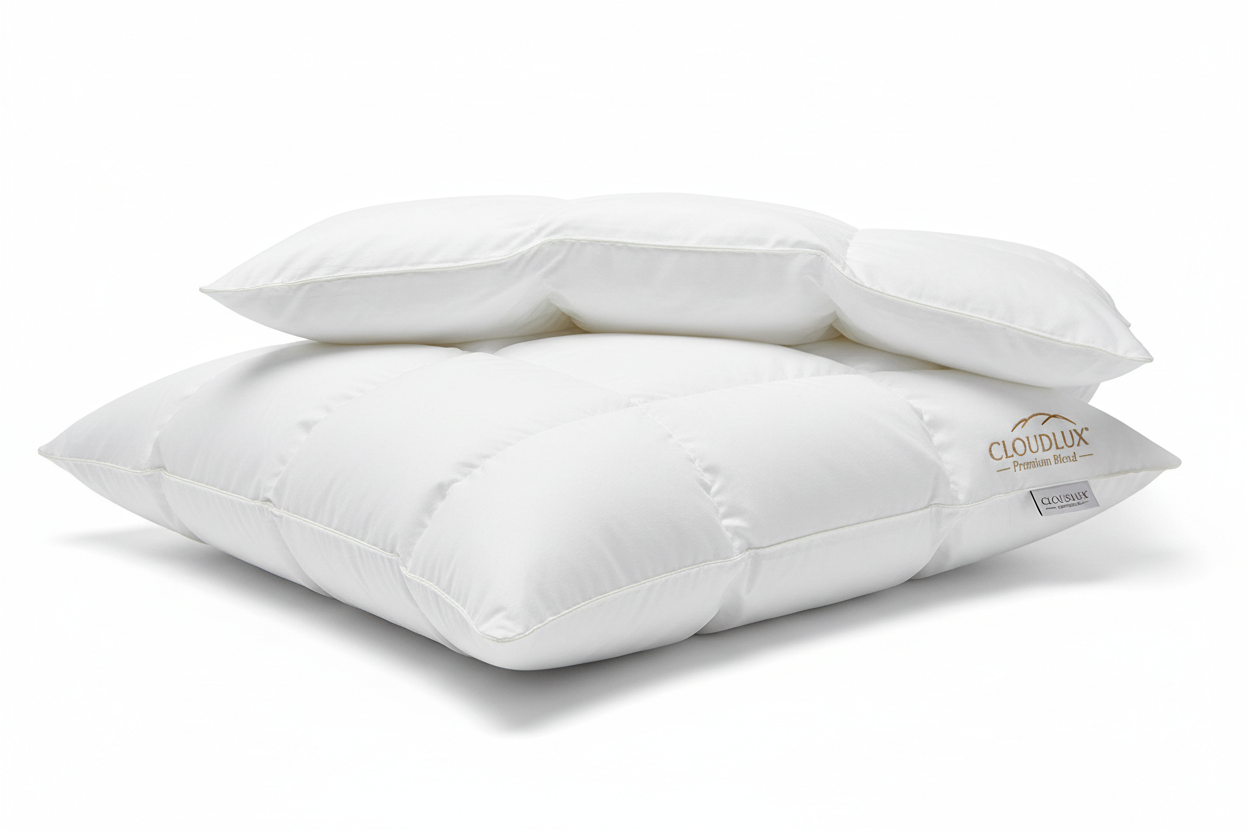 Close-up of plush duck down microfiber queen pillow with white cotton cover