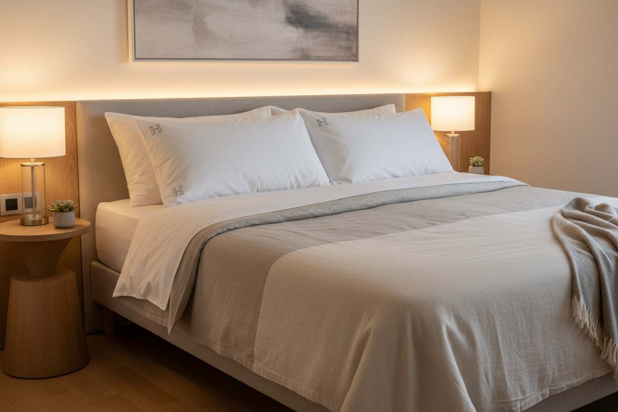 Two luxury duck down blend queen pillows on a bed with neutral linen
